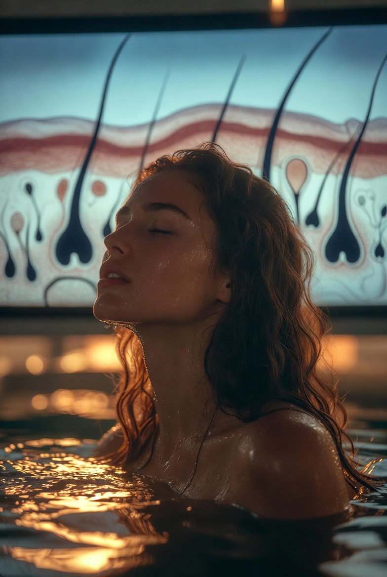 Healthy woman meditating and doing scalp care routine